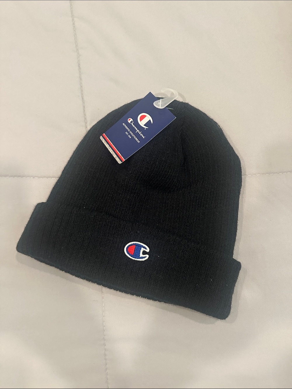 Champion Black Knit Cuffed Beanie with Embroidered Logo
